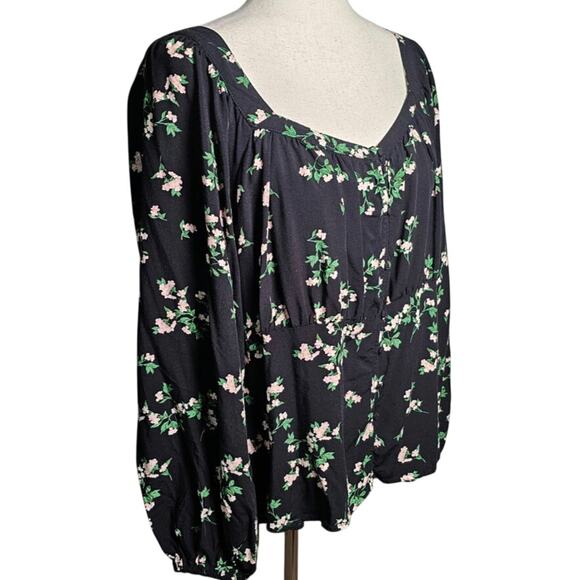 Floral Black Rayon Blouse with Smocked‎ Waist and Blousy Sleeves Size 2x - Picture 2 of 12